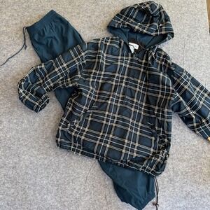 IZOD Tracksuit Womens Medium Green Plaid Hooded Windbreaker Jacket Pants Set Y2K